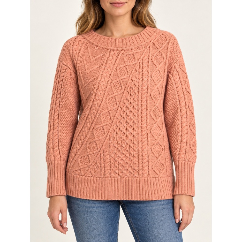 J.Crew Womens XS Pink Wool Blend Mixed Cable Knit Longline Crewneck Sweater